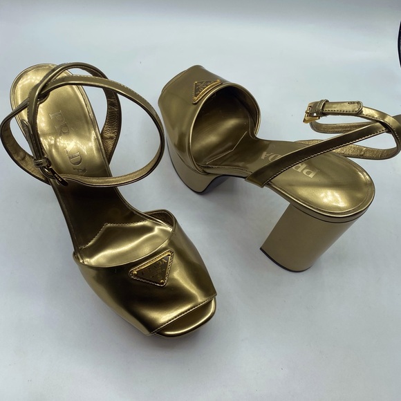 Prada Logo Metallic Leather Platform Heels - Picture 1 of 16